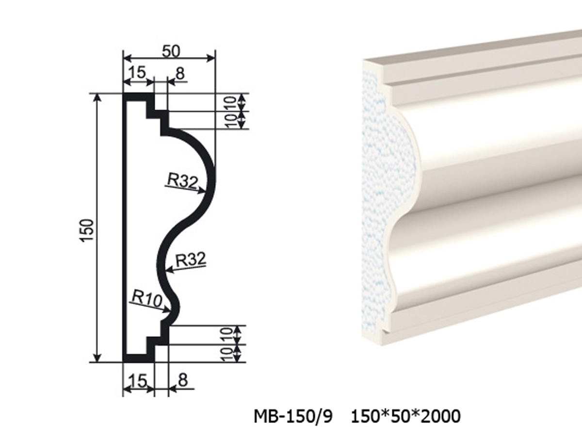 Молдинг для фасада - лепнина, декор из пенополистирола МВ-150/9 150*50*2000 мм