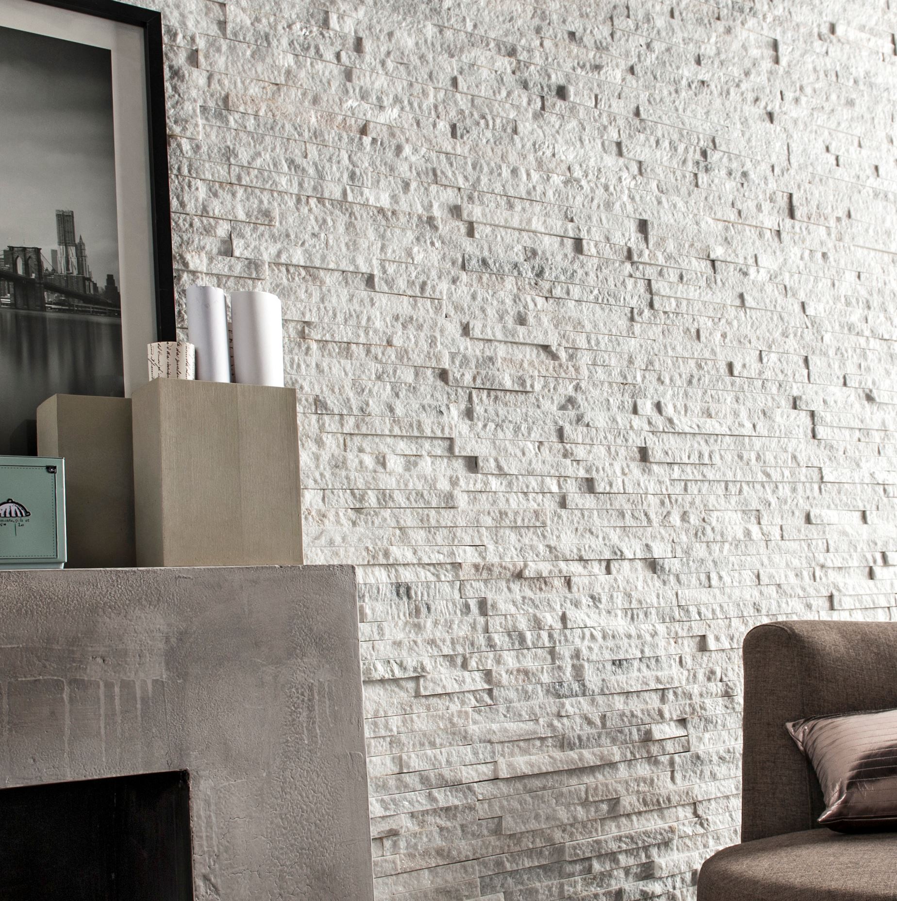 Кварцит Белый 600*150*10-20 мм, натуральный камень для интерьера BD