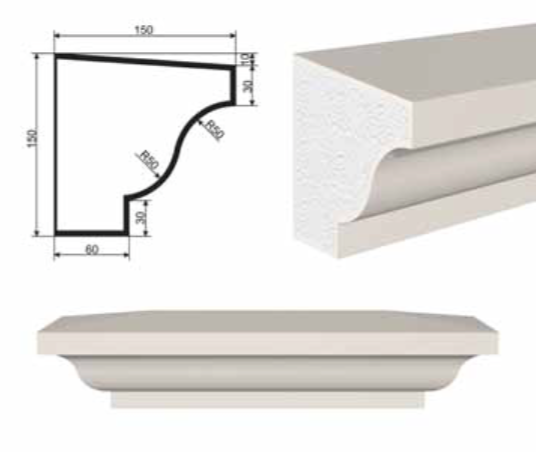 ПОДОКОННИК для Фасада и Интерьера - лепнина, декор из пенополистирола ПВ-150/3 150*150*2000 мм