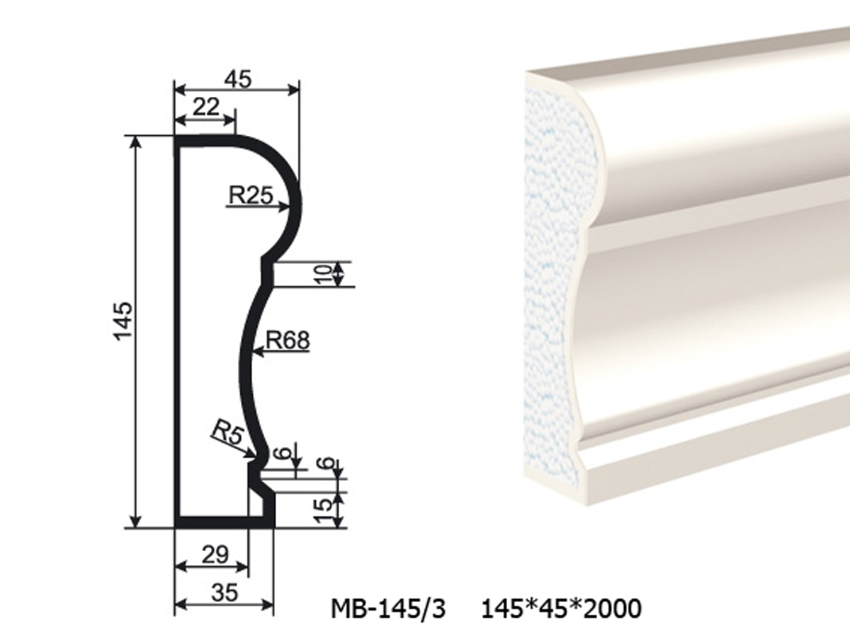 Молдинг для фасада - лепнина, декор из пенополистирола МВ-145/3 145*45*2000 мм