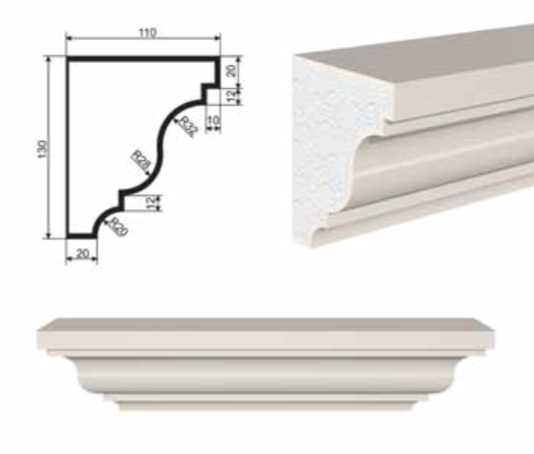 ПОДОКОННИК для Фасада и Интерьера - лепнина, декор из пенополистирола ПВ-130/1 130*110*2000 мм