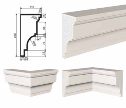 КАРНИЗ для Фасада и Интерьера - лепнина, декор из пенополистирола КВ-220/4 (КС-107) 220*110*2000 мм