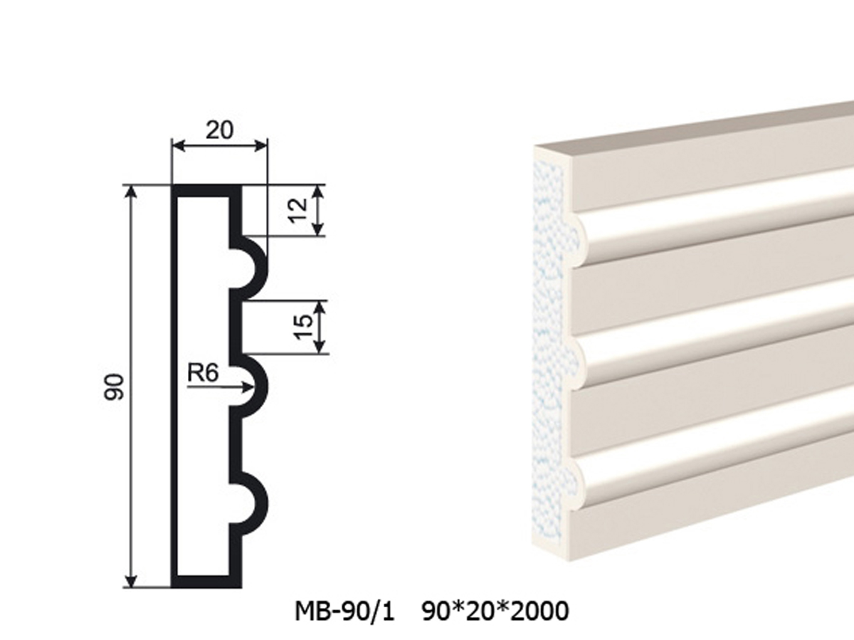 Молдинг для фасада - лепнина, декор из пенополистирола МВ-90/1 90*20*2000 мм