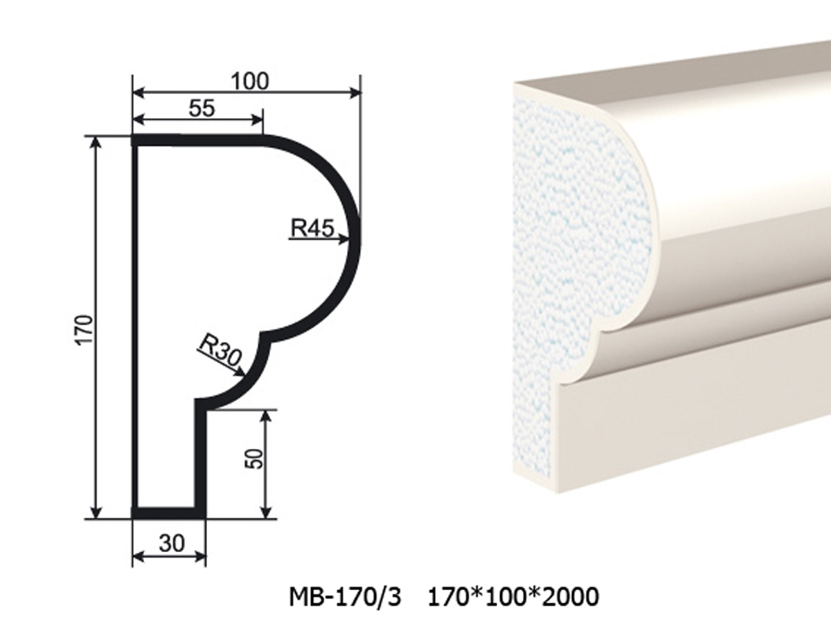 Молдинг для фасада - лепнина, декор из пенополистирола МВ-170/3 170*100*2000 мм