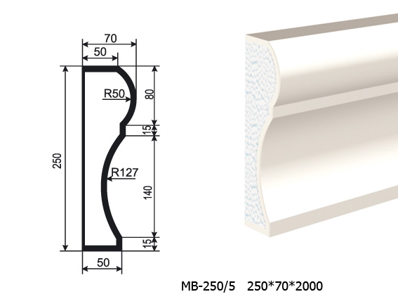 Молдинг для фасада - лепнина, декор из пенополистирола МВ-250/5 250*70*2000 мм