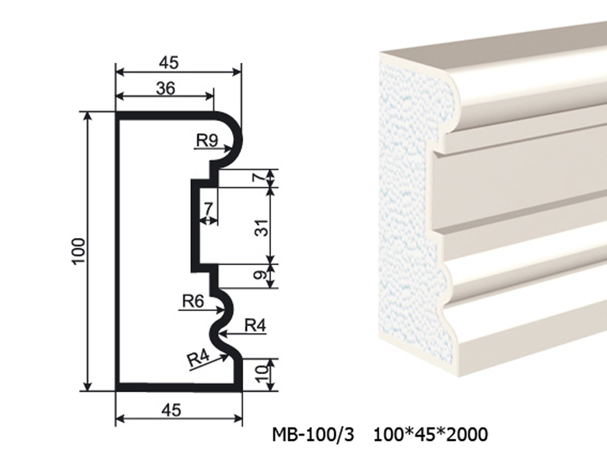 Молдинг для фасада - лепнина, декор из пенополистирола МВ-100/3 (МС-108) 100*45*2000 мм