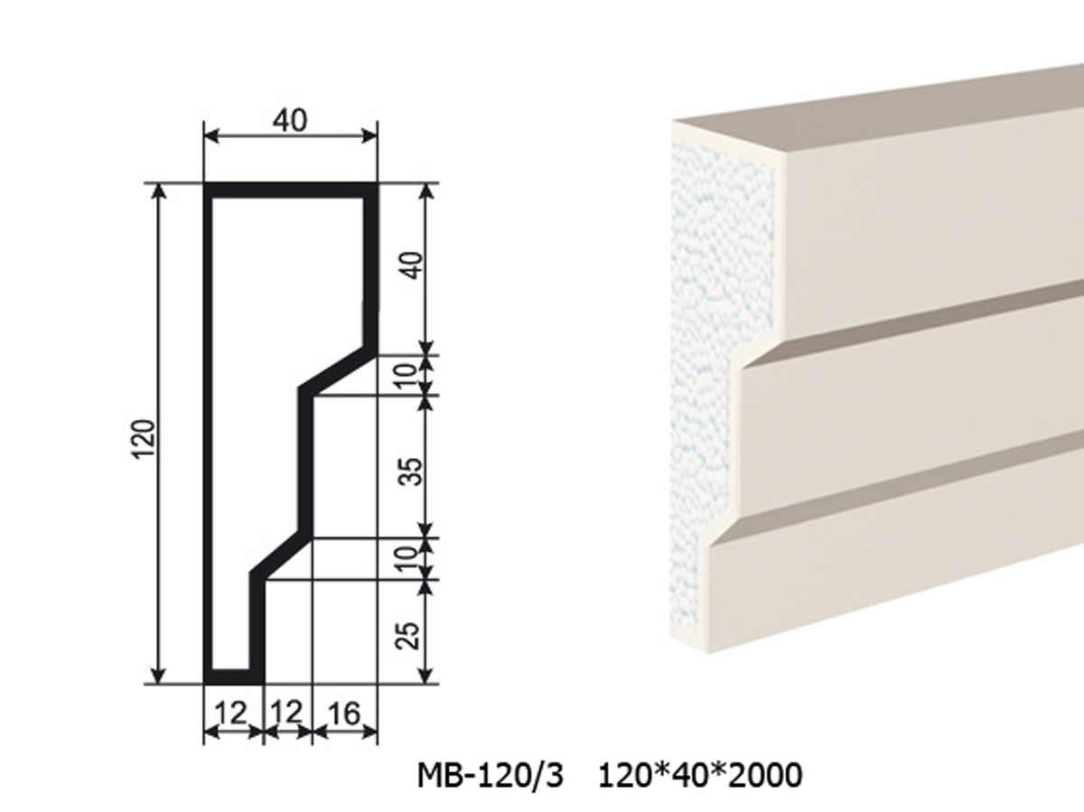 Молдинг для фасада - лепнина, декор из пенополистирола МВ-120/3 120*40*2000 мм