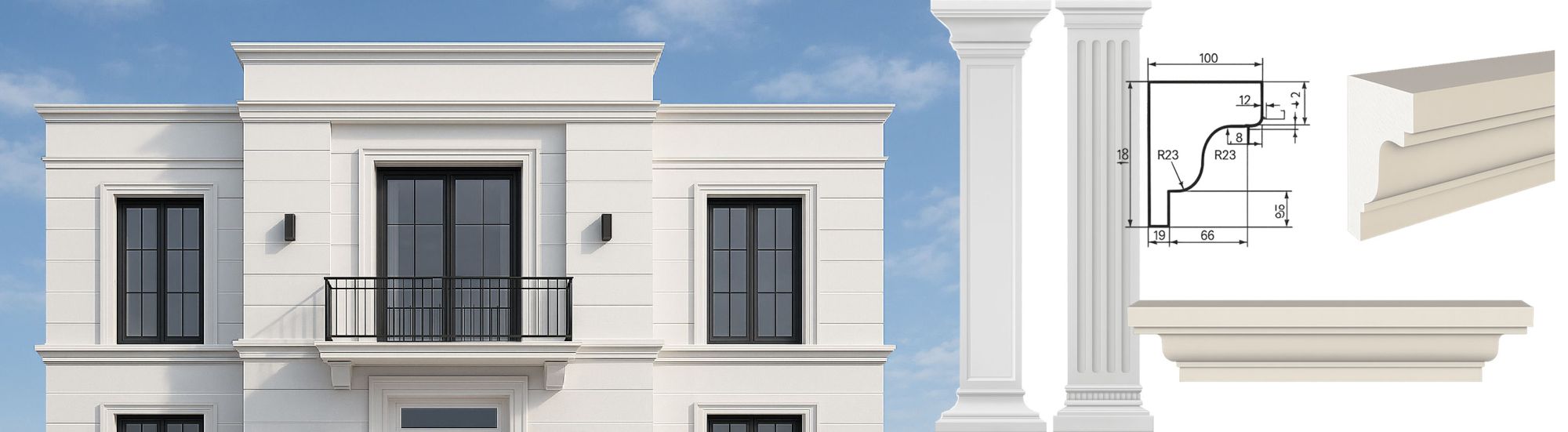 Архитектурный декор фасада: карнизы, молдинги, пилястры, колонны