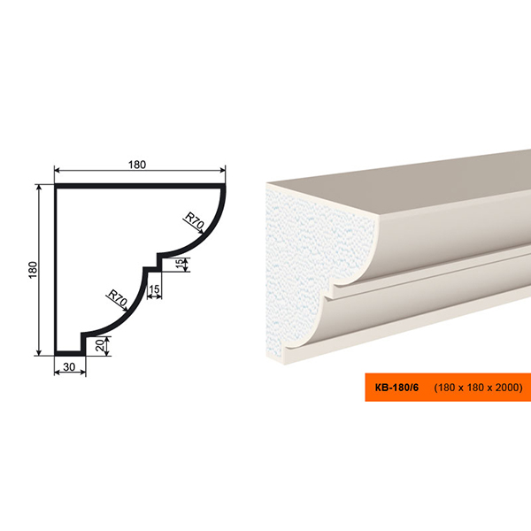 КАРНИЗ для Фасада и Интерьера - лепнина, декор из пенополистирола КВ-180/6 180*180*2000 мм