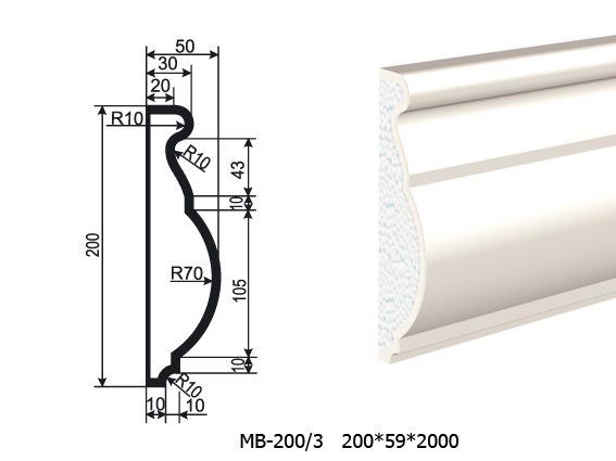 Молдинг для фасада - лепнина, декор из пенополистирола МВ-200/3 200*50*2000 мм