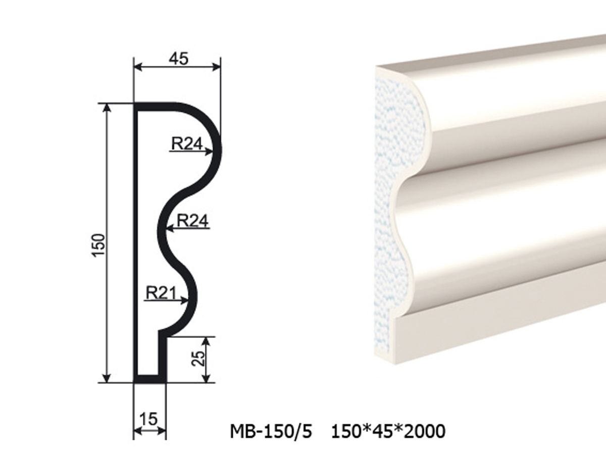 Молдинг для фасада - лепнина, декор из пенополистирола МВ-150/5 150*45*2000 мм