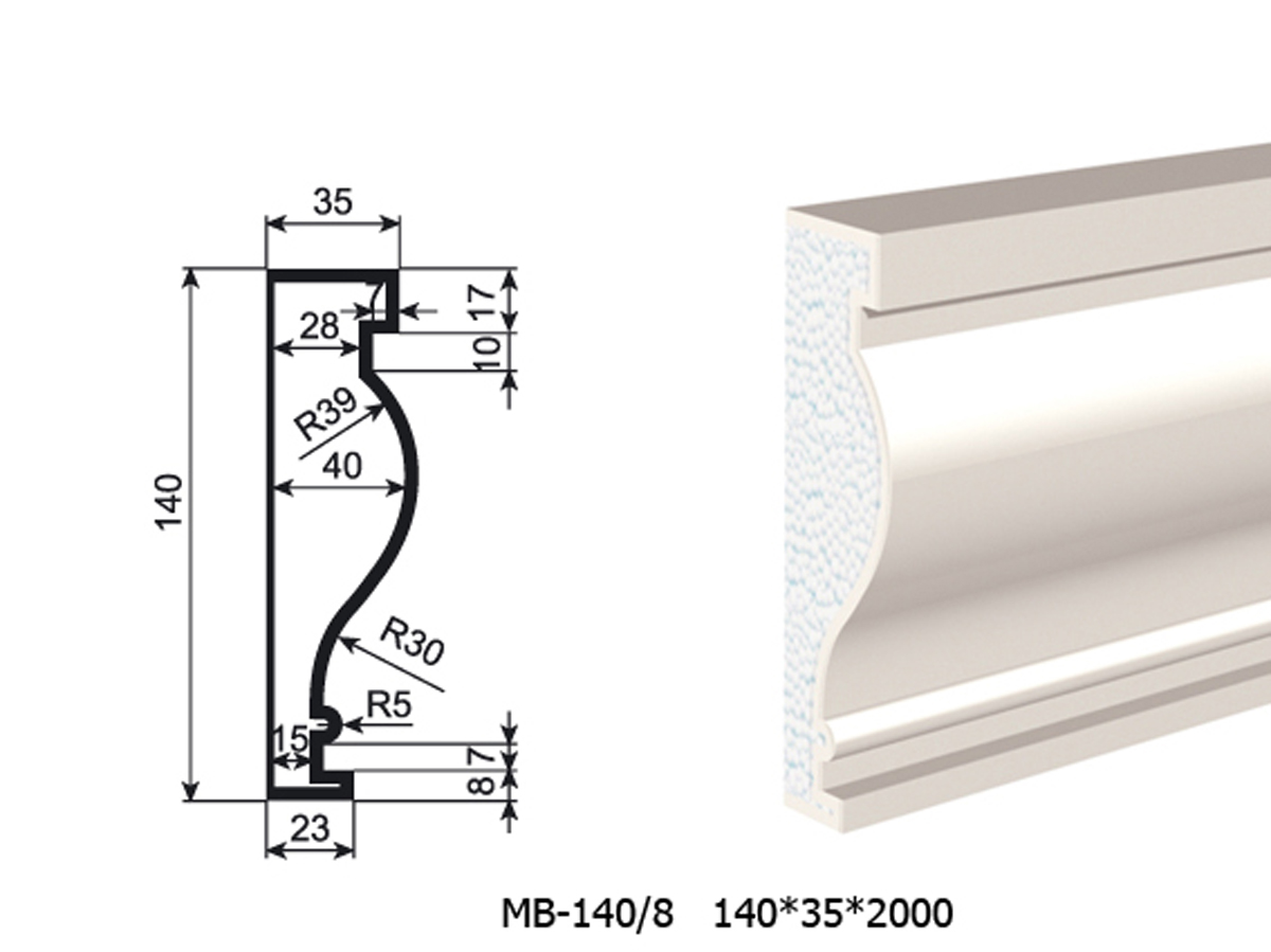 Молдинг для фасада - лепнина, декор из пенополистирола МВ-140/8 140*40*2000 мм