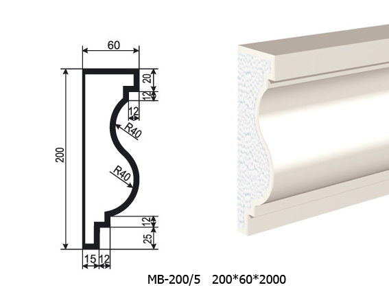 Молдинг для фасада - лепнина, декор из пенополистирола МВ-200/5 200*60*2000 мм