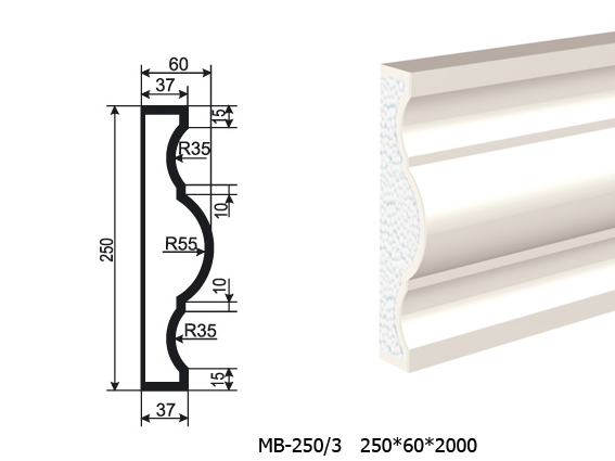 Молдинг для фасада - лепнина, декор из пенополистирола МВ-250/3 250*60*2000 мм