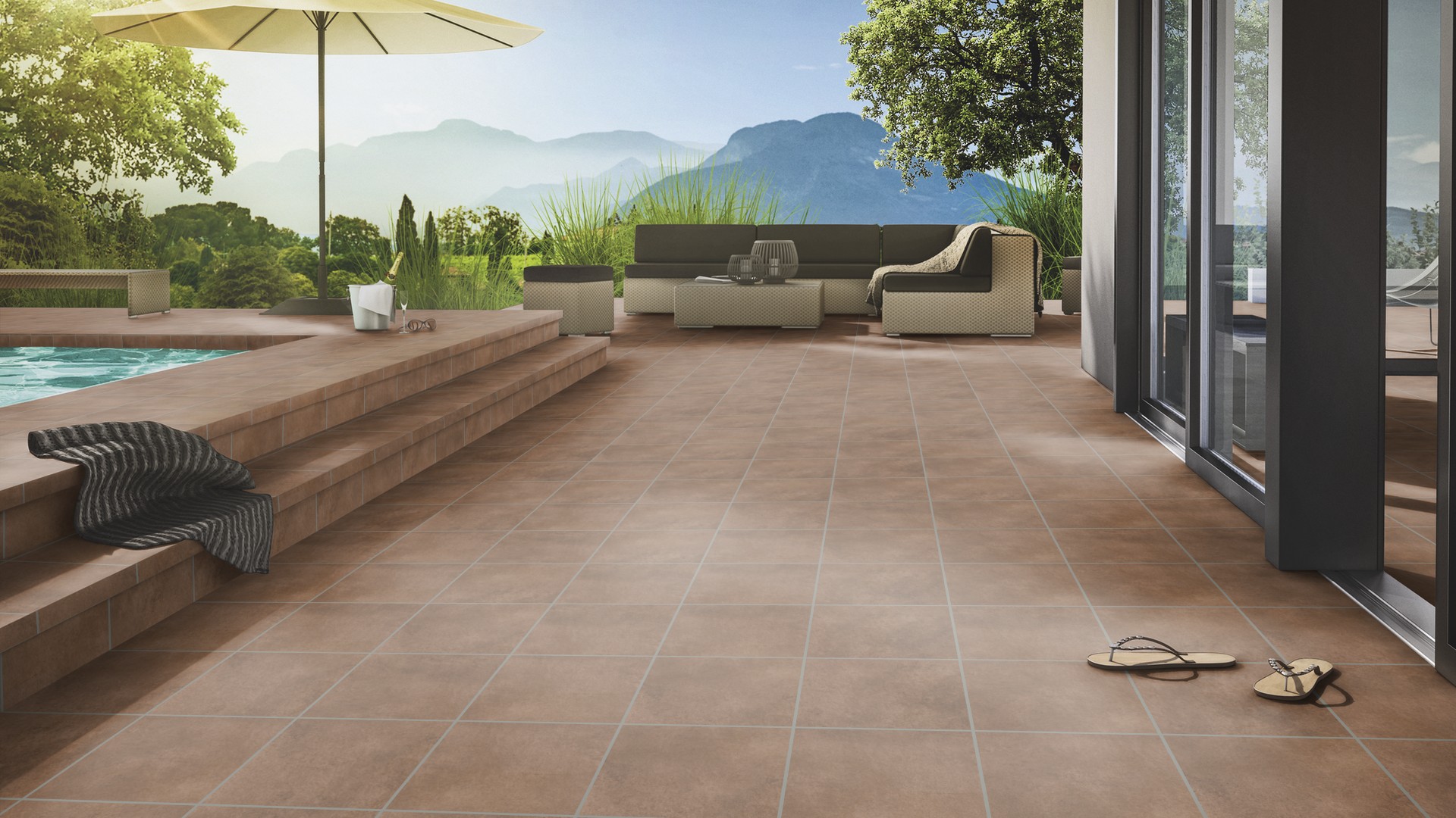 Клинкерная ступень флорентинер противоскользящая плитка Stroeher KERAPLATTE AERA T 712 marone 340*294*12 мм