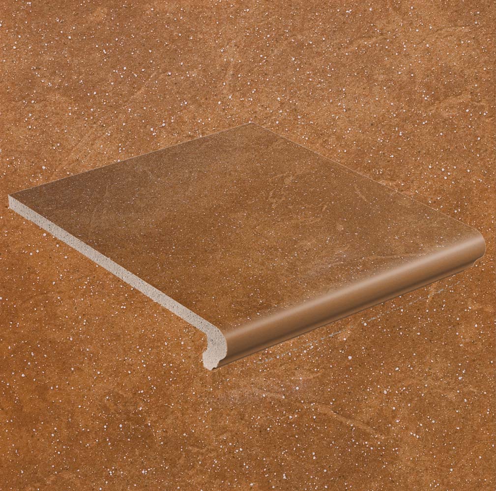 Клинкерная ступень флорентинер противоскользящая плитка Stroeher KERAPLATTE ROCCIA 839 ferro 340*294*12 мм