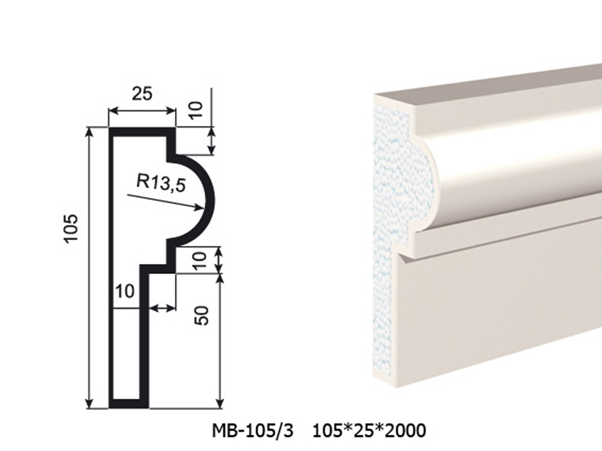 Молдинг для фасада - лепнина, декор из пенополистирола МВ-105/3 105*40*2000 мм