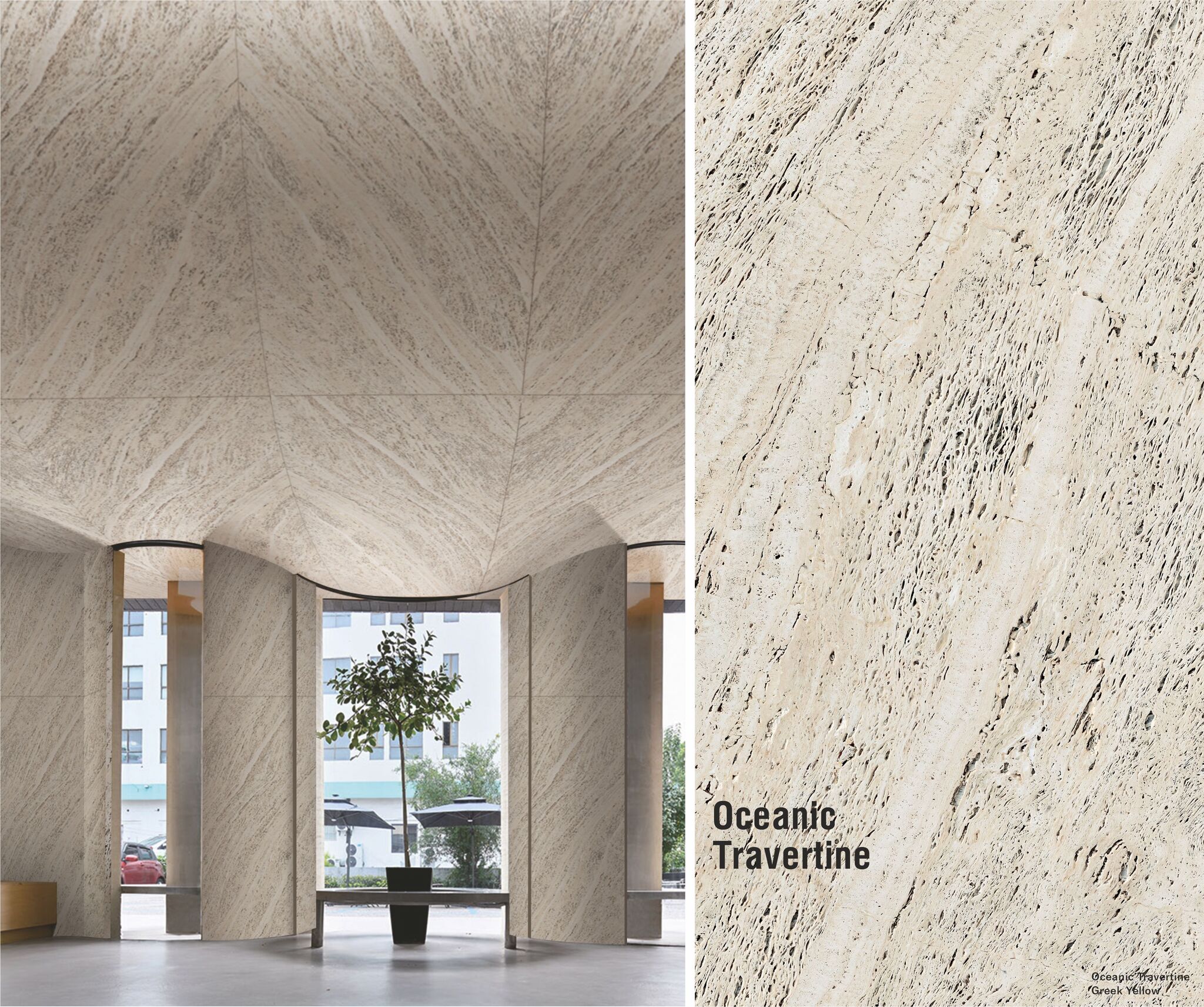 Oceanic Travertine Greek Yellow-1 (жёлтый травертин с тёплым средиземноморским оттенком) — гибкий камень 2800×1200 мм