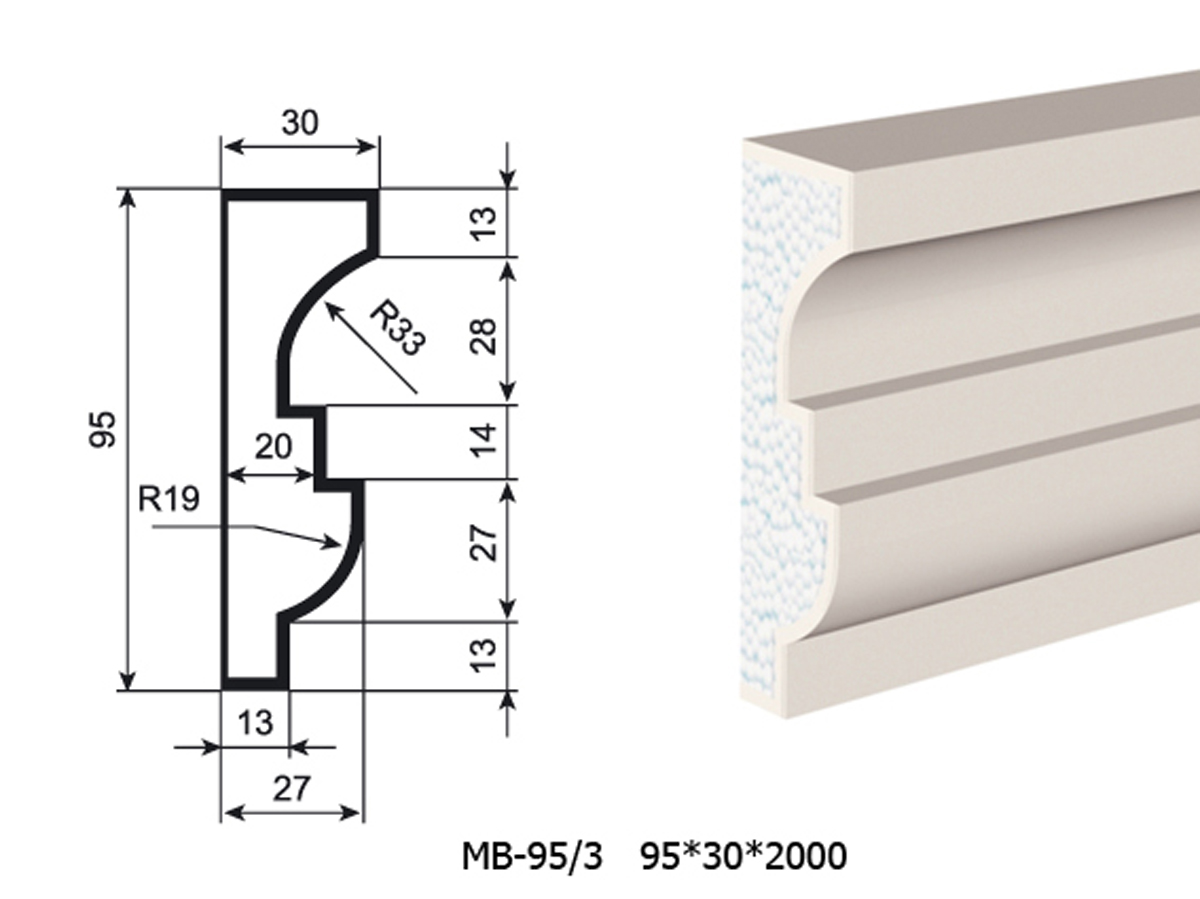 Молдинг для фасада - лепнина, декор из пенополистирола МВ-95/3 95*30*2000 мм