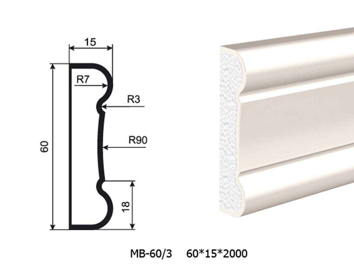 Молдинг для фасада - лепнина, декор из пенополистирола МВ-60/3 60*15*2000 мм
