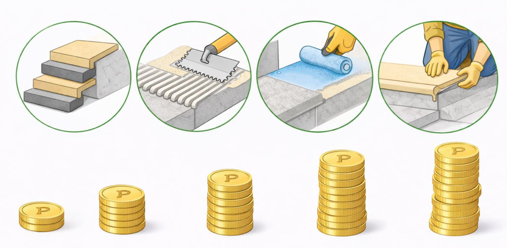 из чего складывается бюджет (материал/клей/гидроизоляция/работа)