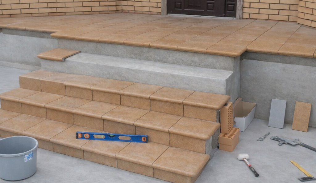 монтаж флорентийских ступенек из ультра бетона с кварцевым покрытием 