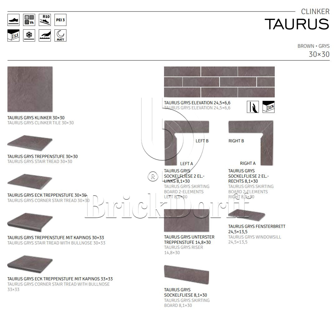 Taurus Grys 245X66х7,4 мм Клинкерная фасадная плитка под кирпич облицовочная, серая