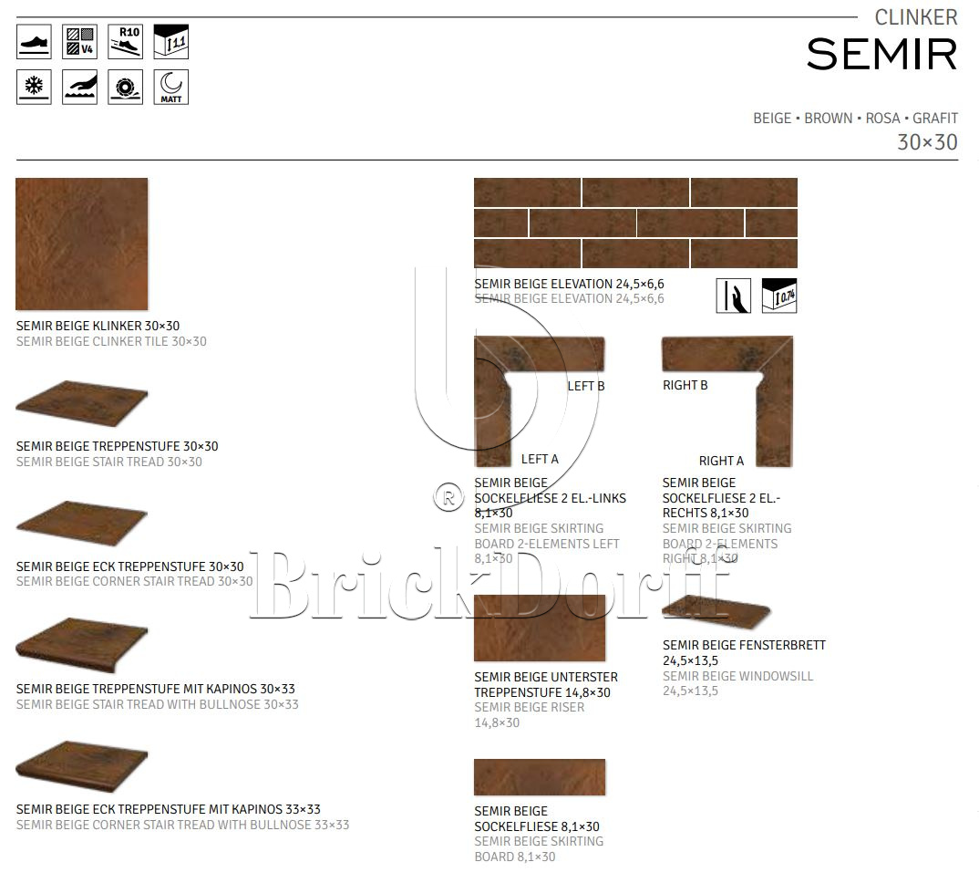 Semir Beige ступень флорентинер противоскользящая с капиносом, медный терракот 330x300x11 мм