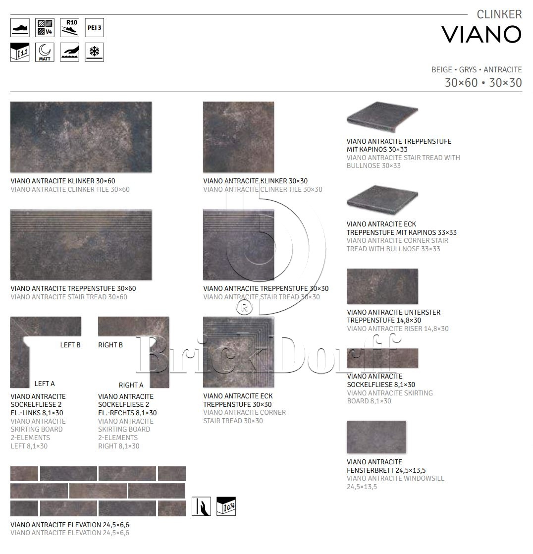 Viano Antracite 245X66х7,4 мм Клинкерная фасадная плитка под кирпич облицовочная, антрацит серый