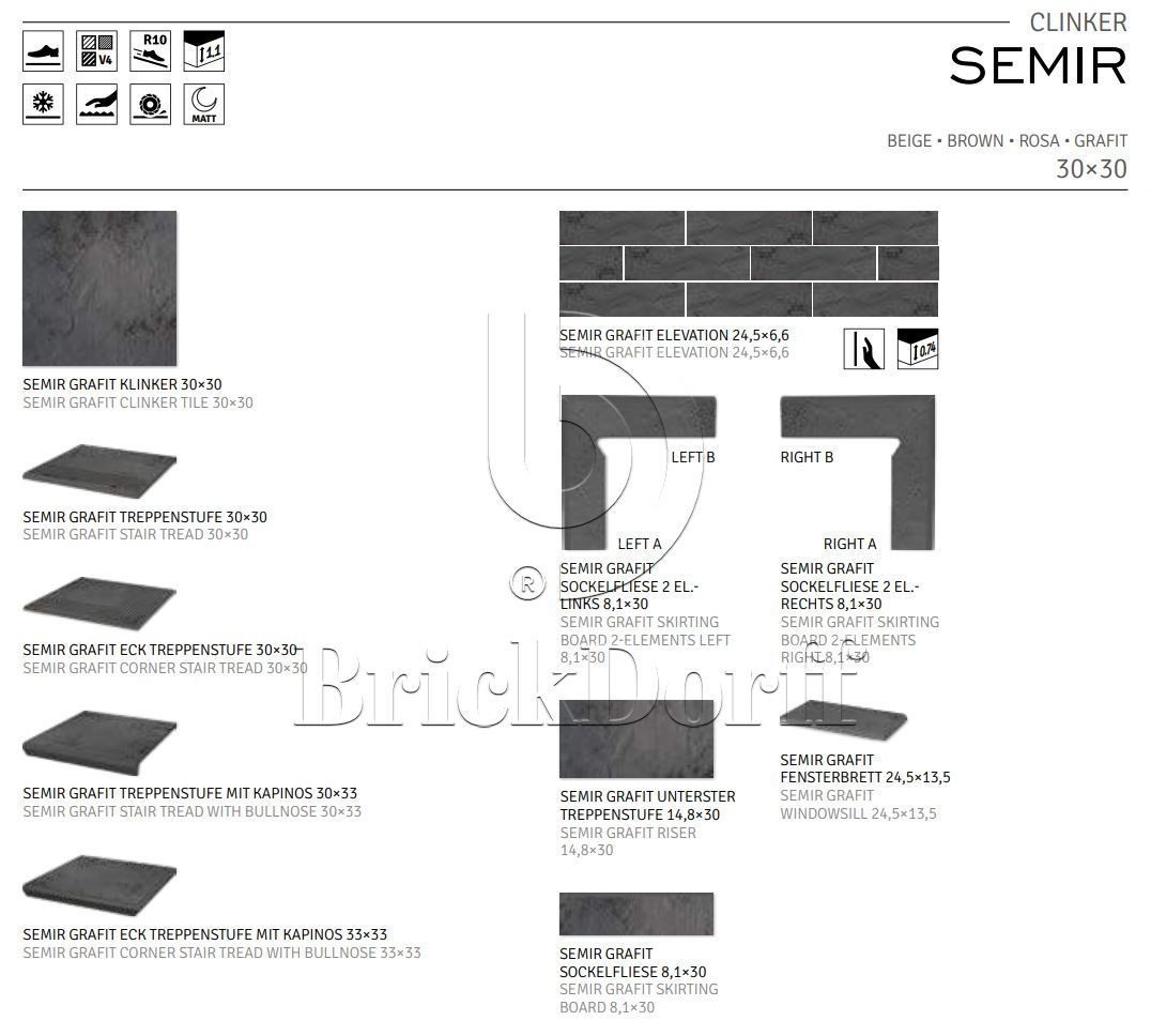 Semir Grafit ступень флорентинер противоскользящая с капиносом, серый графит 330x300x11 мм