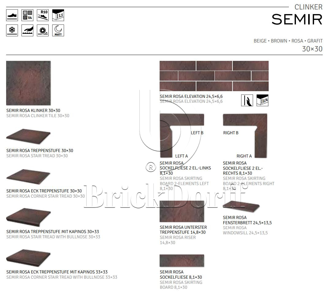 Semir Rosa 245X66х7,4 мм Клинкерная фасадная плитка под кирпич облицовочная, красно-коричневый