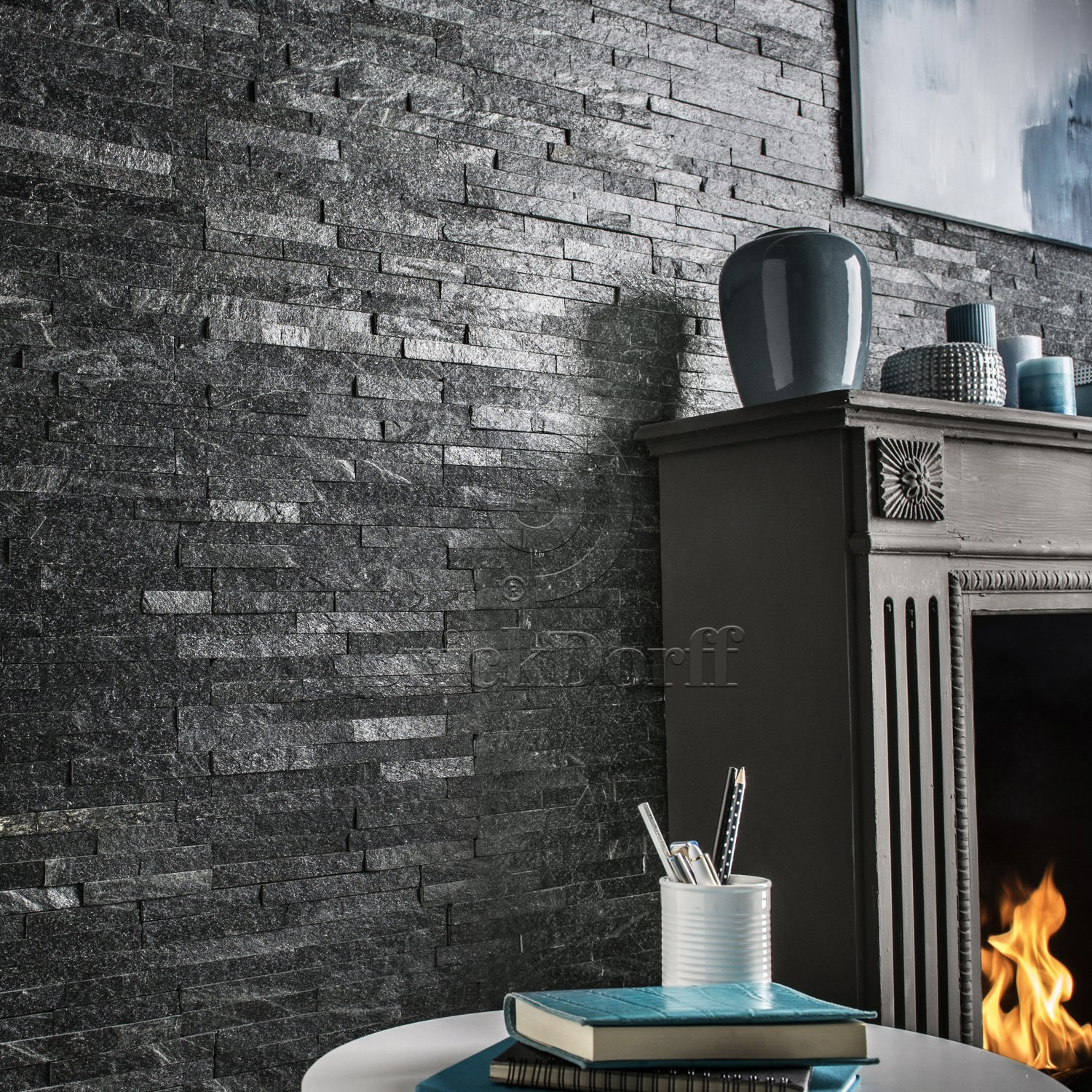 Кварцит Черный 1308H 600*150*10-20 мм, натуральный камень для интерьера и фасада BD