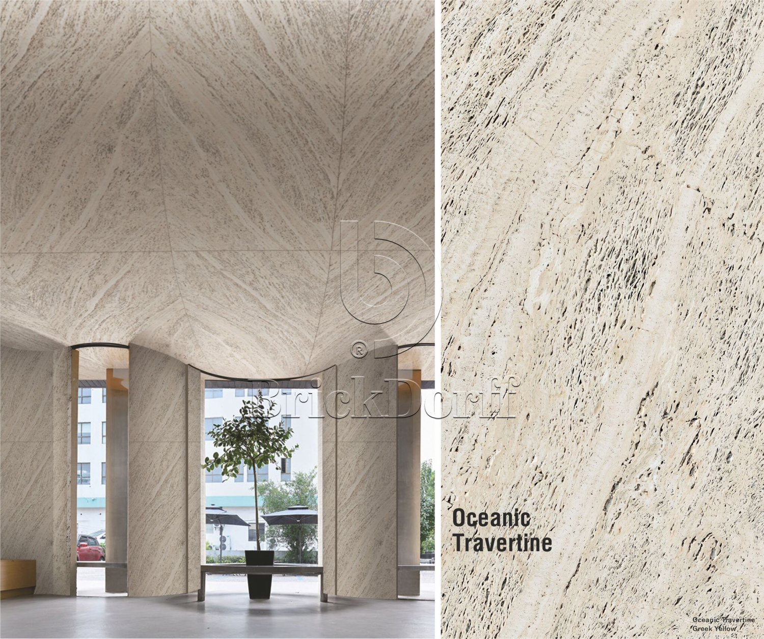 Oceanic Travertine Greek Yellow-2 (жёлтый травертин с тёплым средиземноморским оттенком) — гибкий камень 2800×1200 мм